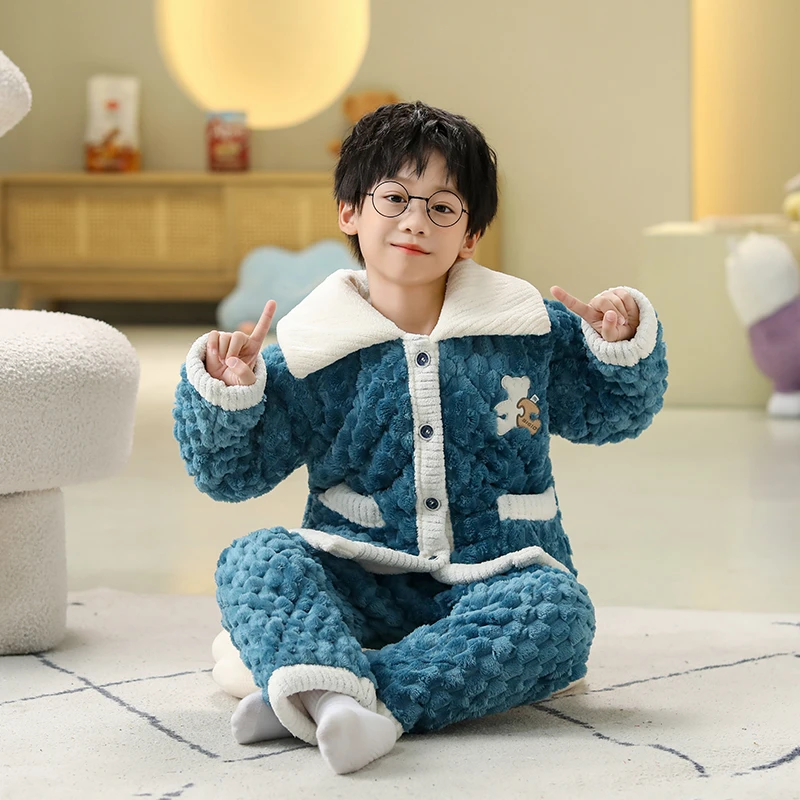 冬季加厚儿童法兰绒睡衣男童男孩珊瑚绒款女童宝宝家居服夹棉套装