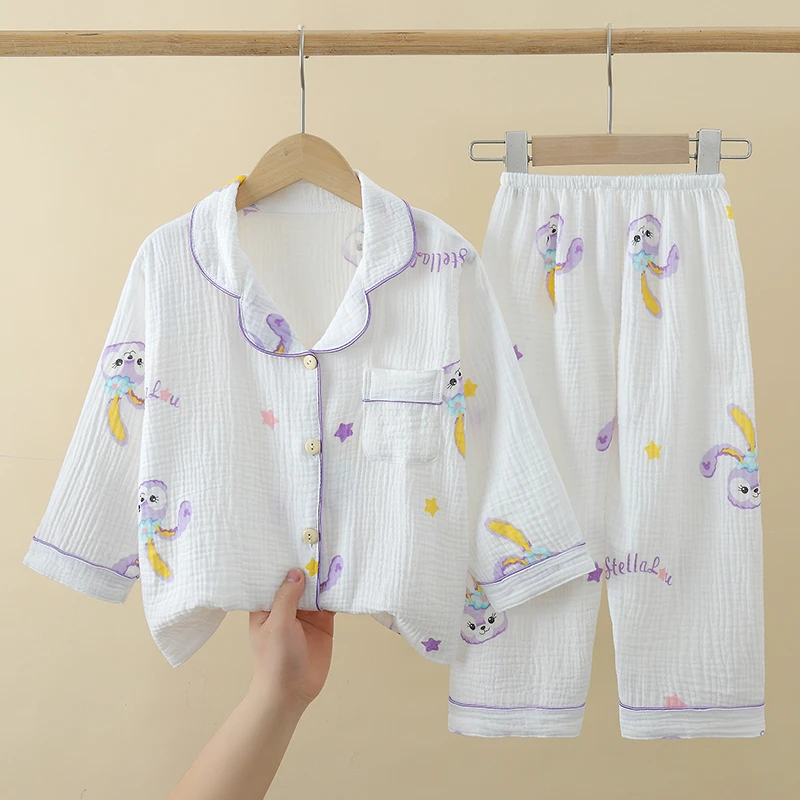 夏季儿童睡衣纯棉纱布家居服男女童装宝宝薄款男孩长袖空调服套装