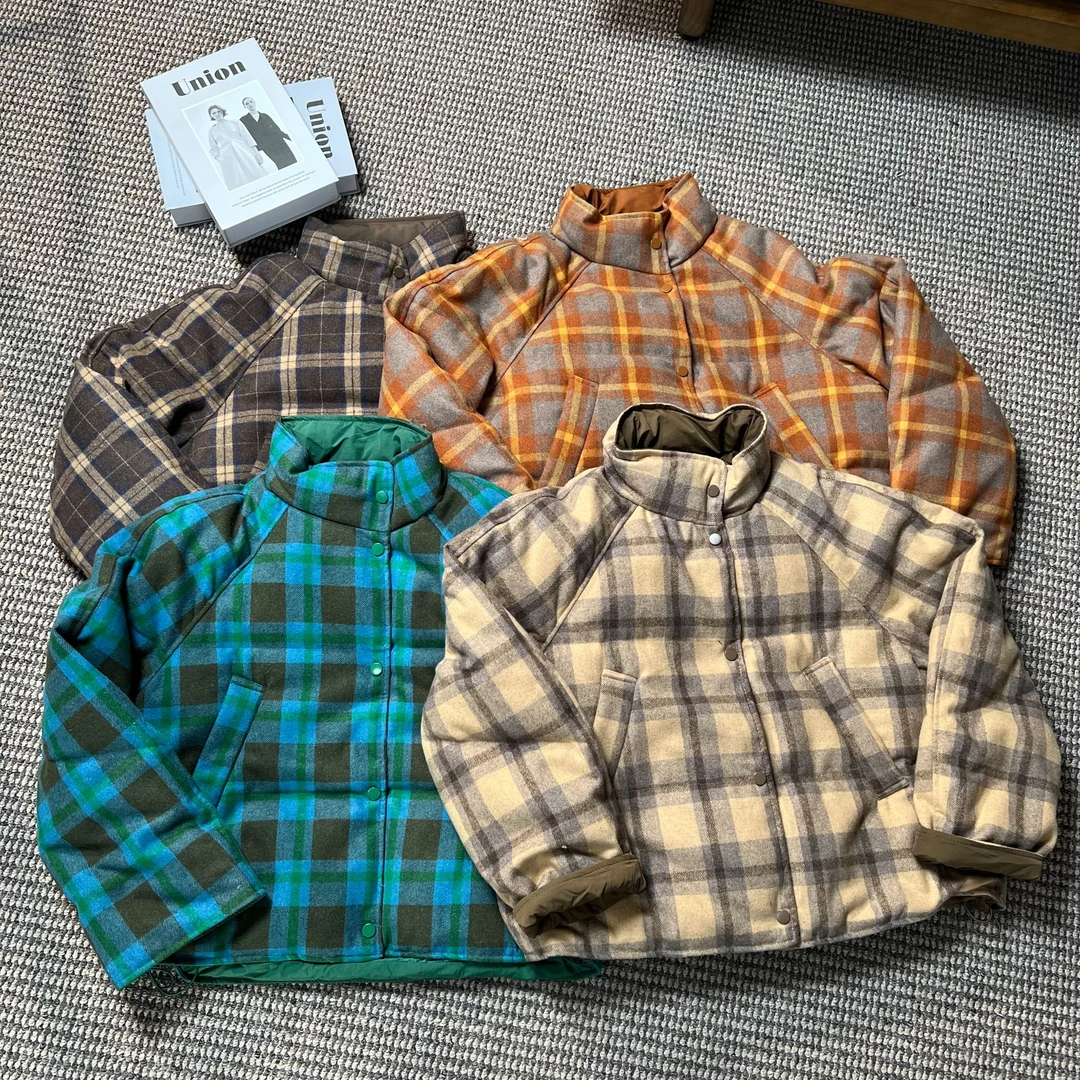 X11 冬季新款复古立领格子棉服简约大气宽松休闲百搭棉衣外套