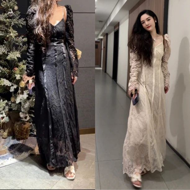 【倾城之恋】复古法式宫廷风蕾丝吊带裙