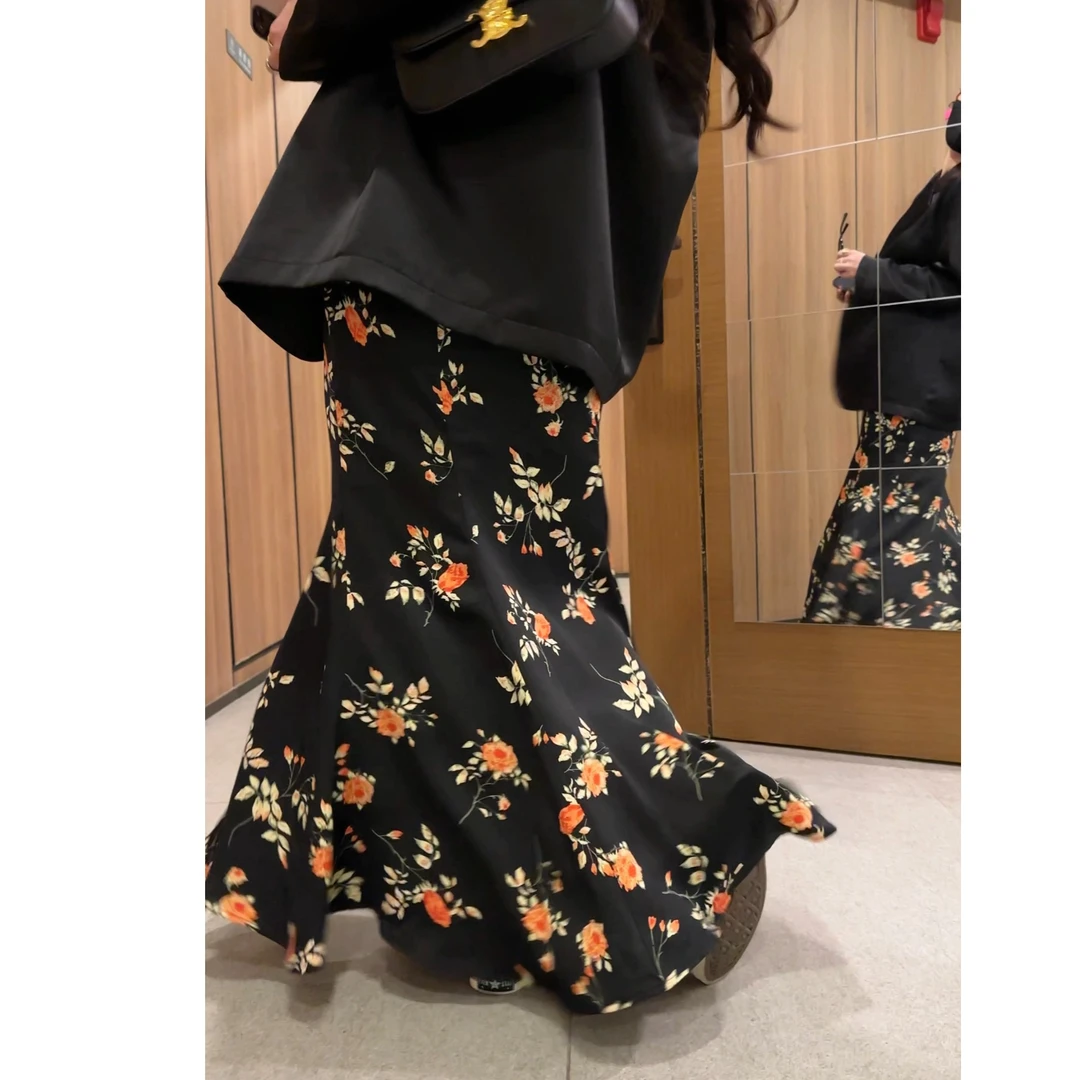 复古美人鱼花卉缎面荷叶边气质百搭半身裙