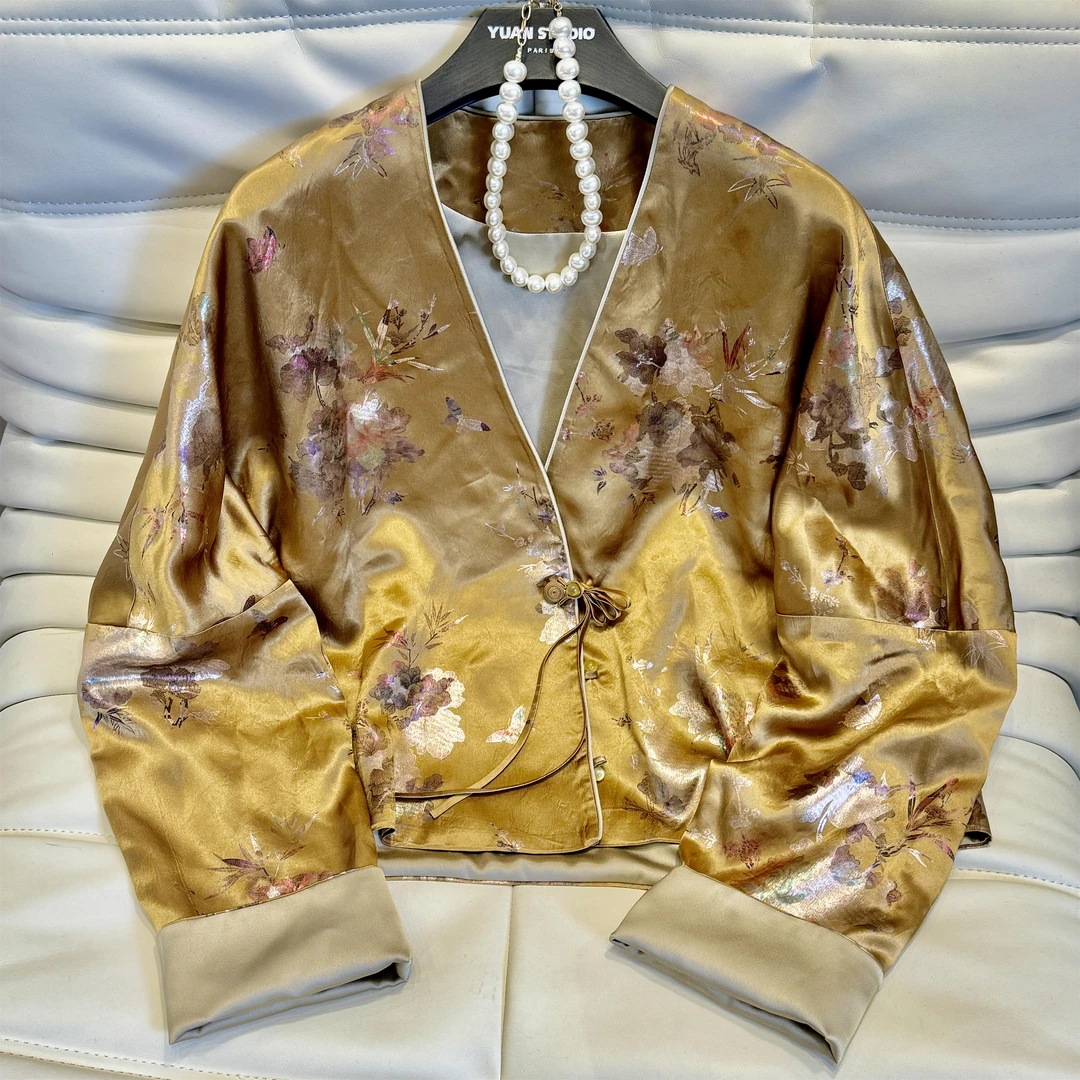 YUAN 【花漾】早春新中式真醋酸缎面花卉国风轻奢外套