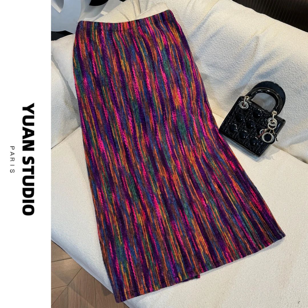 YUAN 【调色盘】冬季复古彩色提花加绒高品质后开叉百搭半身裙