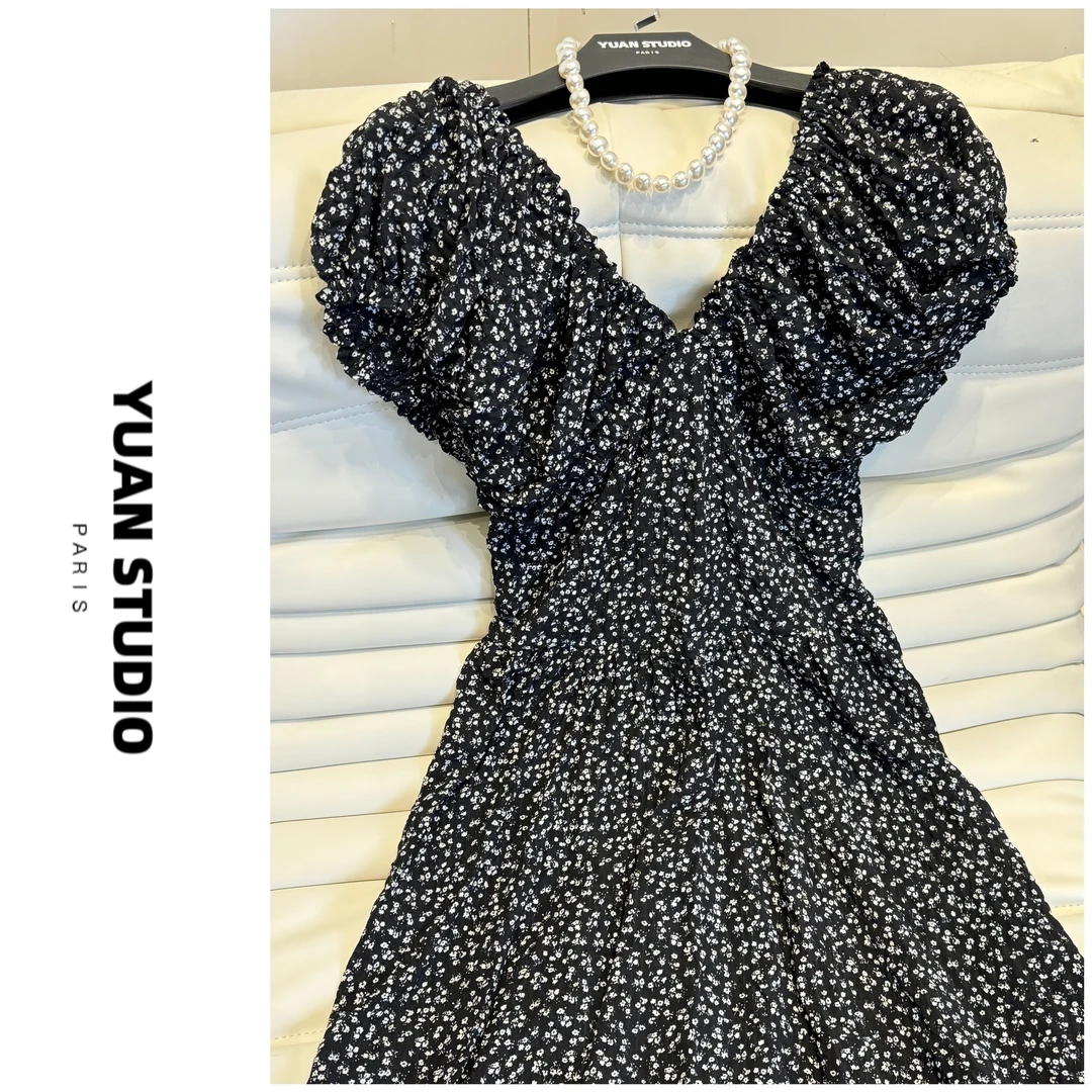 YUAN 【烂漫花语】法式复古V领碎花气质名媛风收腰显瘦夏季连衣裙