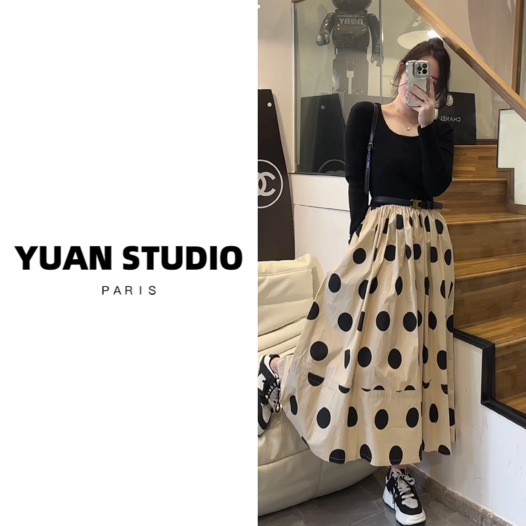 YUAN STUDIO 法式赫本风圆点拼接百搭连衣裙