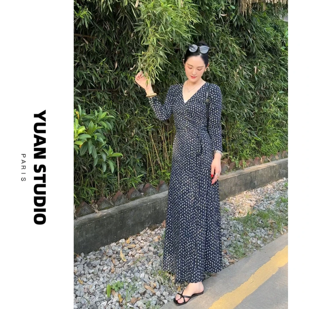 YUAN 【幽兰密语】秋季法式复古碎花显瘦显白遮肉气质裹身裙连衣裙