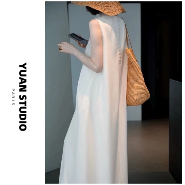 YUAN 【极简主义】高品质醋酸一字领复古显瘦气质名媛风坎肩连衣裙