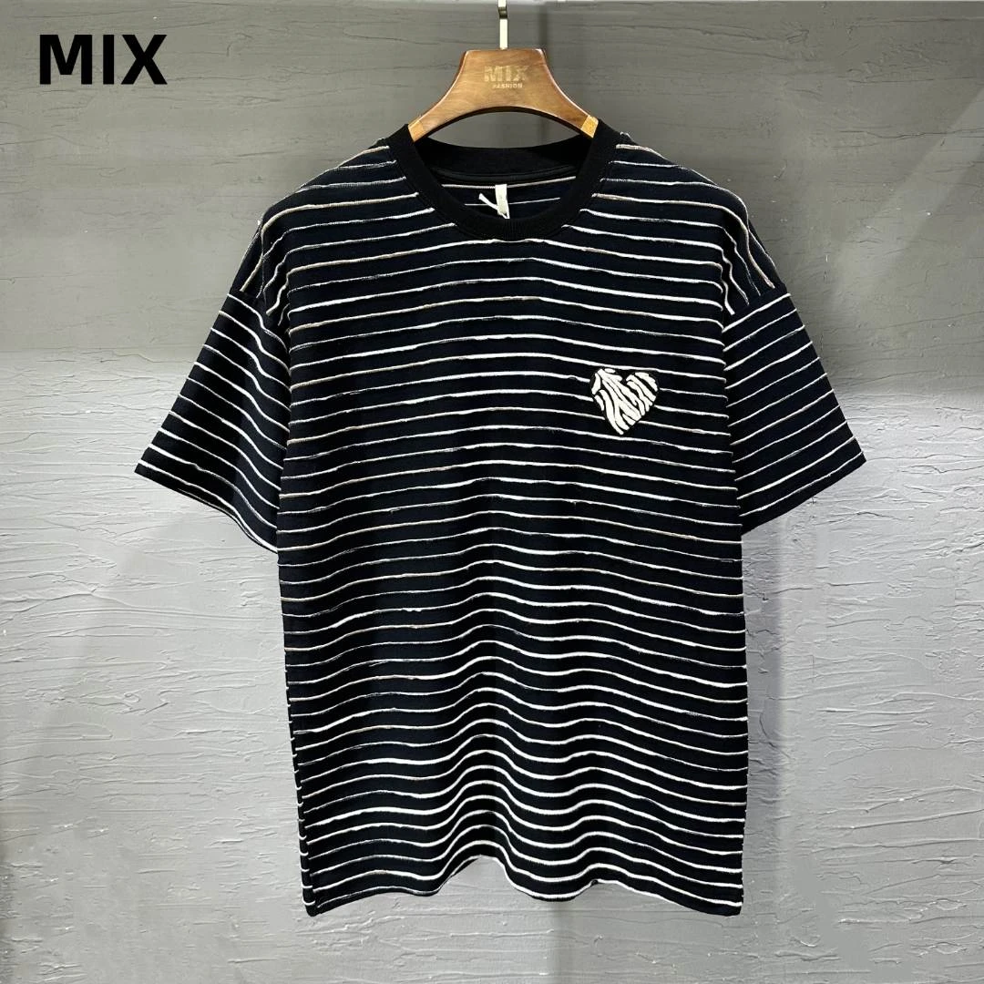 （断码捡漏）立体磨毛条纹变色爱心圆领T恤潮流百搭宽松轻奢#122