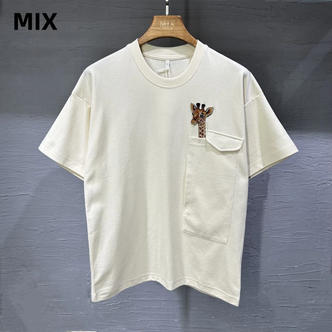 断码特，长颈鹿刺绣圆领T恤夏季短袖简约潮流百搭宽松高端轻奢#001