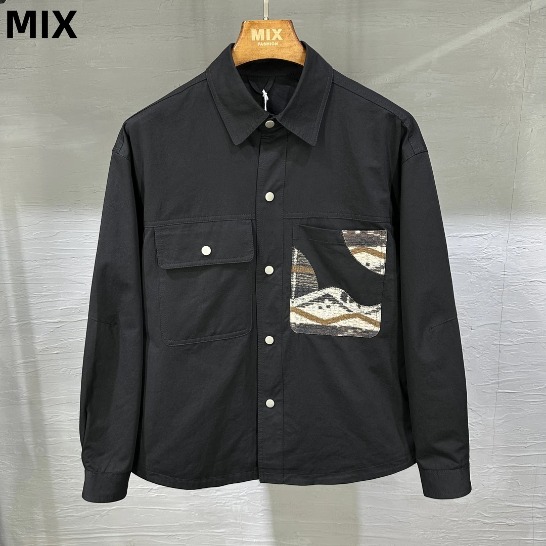 秋季撞色口袋微宽松外套简约潮流百搭男士翻领衬衫夹克外套5875