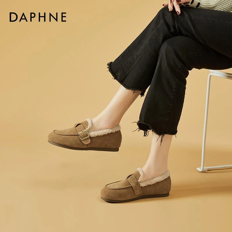达芙妮加绒勃肯鞋女冬季2025年休闲毛毛鞋外穿平底单鞋豆豆鞋棉鞋
