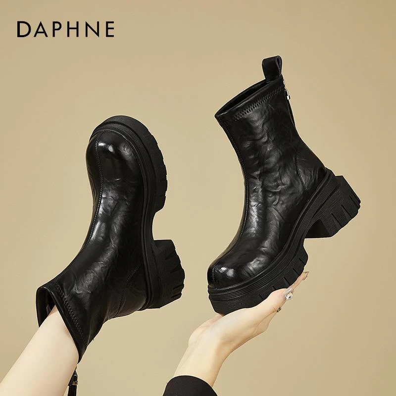 达芙妮黑色厚底马丁靴女款秋冬2024新款加绒英伦风时尚气质棉靴子