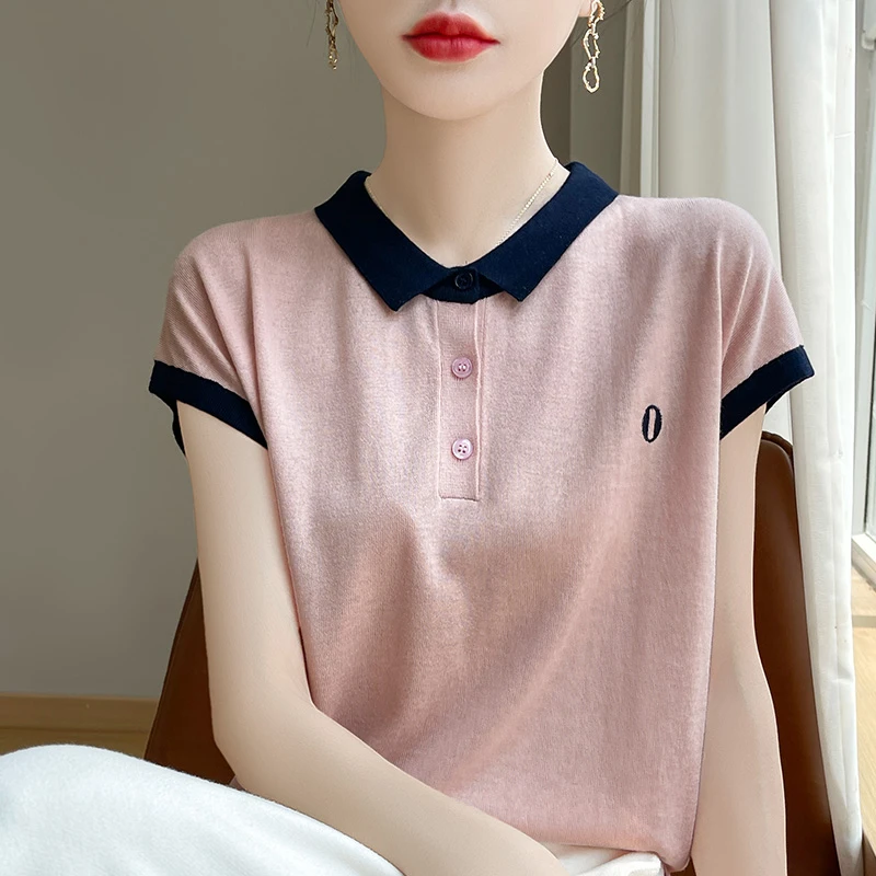 精纺拼色POLO领针织短袖简约数字刺绣夏季T恤
