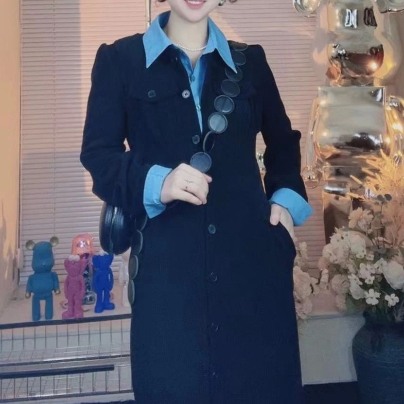 翻领法式假两件衬衫拼接收腰秋季连衣裙秋冬气质长袖直版裙