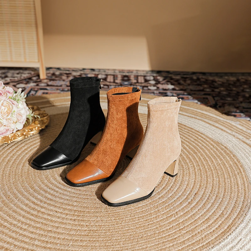 sufeifei/苏妃妃气质法式高跟靴女秋冬粗跟百搭真皮短靴暖暖靴-5