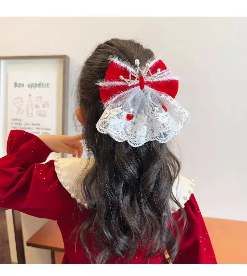 中国红喜庆蝴蝶结飘带发夹汉服儿童发饰新年发卡节日甜美红色头饰