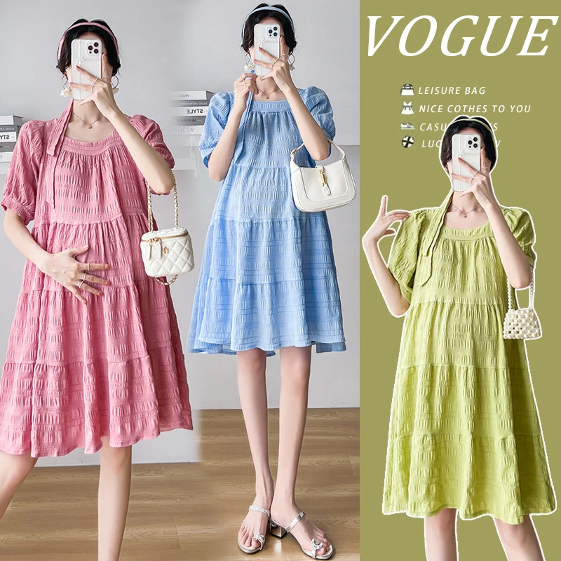 孕妇装夏季时尚连衣裙短袖长款过膝遮肚小清新宽松气质孕妇连衣裙