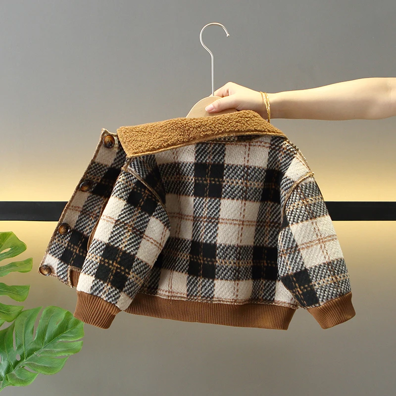 男童加绒加厚呢子外套秋冬装洋气儿童装时髦宝宝冬季毛呢格子上衣