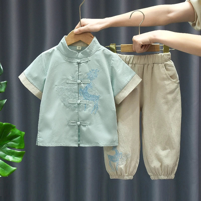 汉服男童中国风夏季短袖薄款中式古装套装儿童唐装古风演出国学服