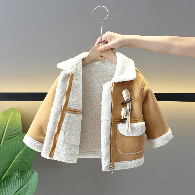 男童冬季外套2025新款儿童秋冬季皮毛一体呢大衣宝宝加厚冬装上衣