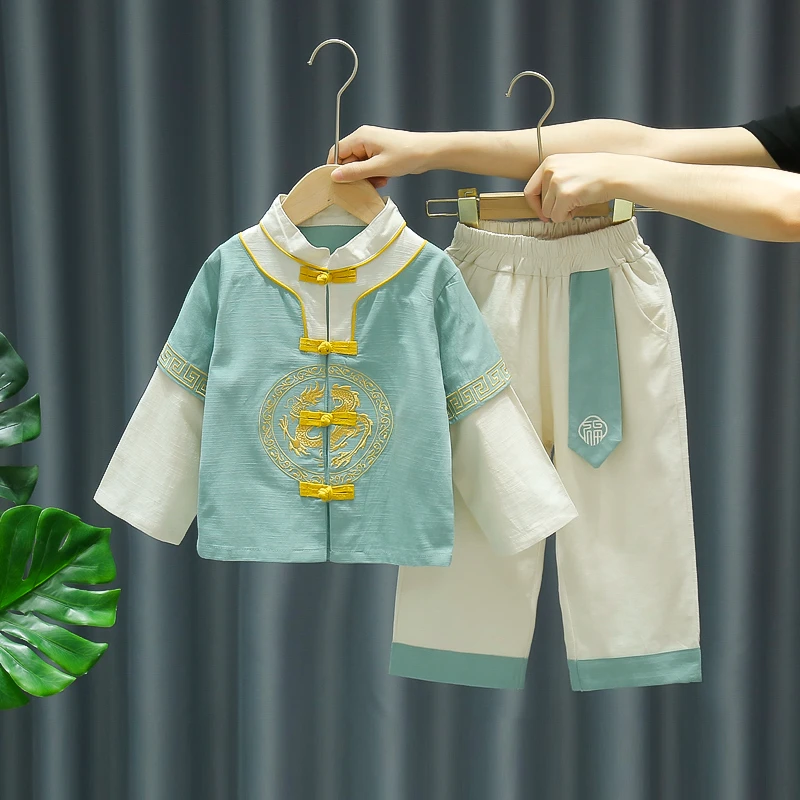 男童汉服套装春秋季衣服复古宝宝春装棉麻唐装儿童儒雅中国风古装