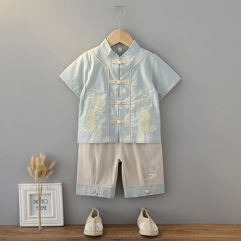 儿童汉服男童夏装中国风男宝宝周岁礼服棉麻套装唐装薄款古风古装