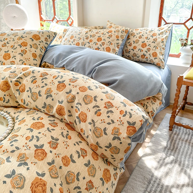 有氧暖绒双层纱四件套碎花小清新亲肤透气法式三件套学生宿舍专用