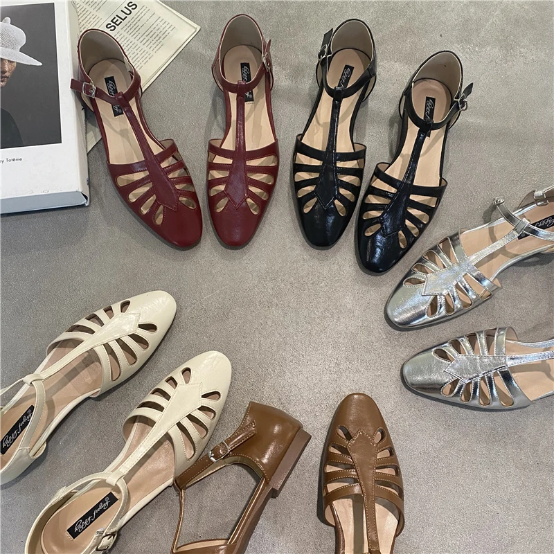 包头凉鞋女夏季小众设计感镂空丁字型红色玛丽珍鞋复古平底罗马鞋