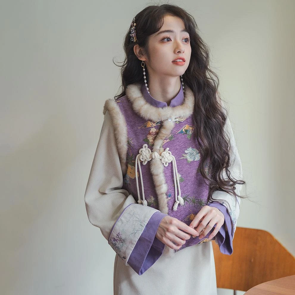 【紫槿】中国结盘扣改良旗袍马甲国风上衣新中式连衣裙两件套装