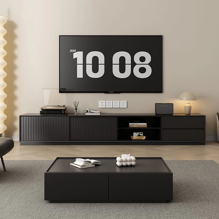 实木电视柜茶几组合现代简约客厅家用高级感落地轻奢黑色电视机柜
