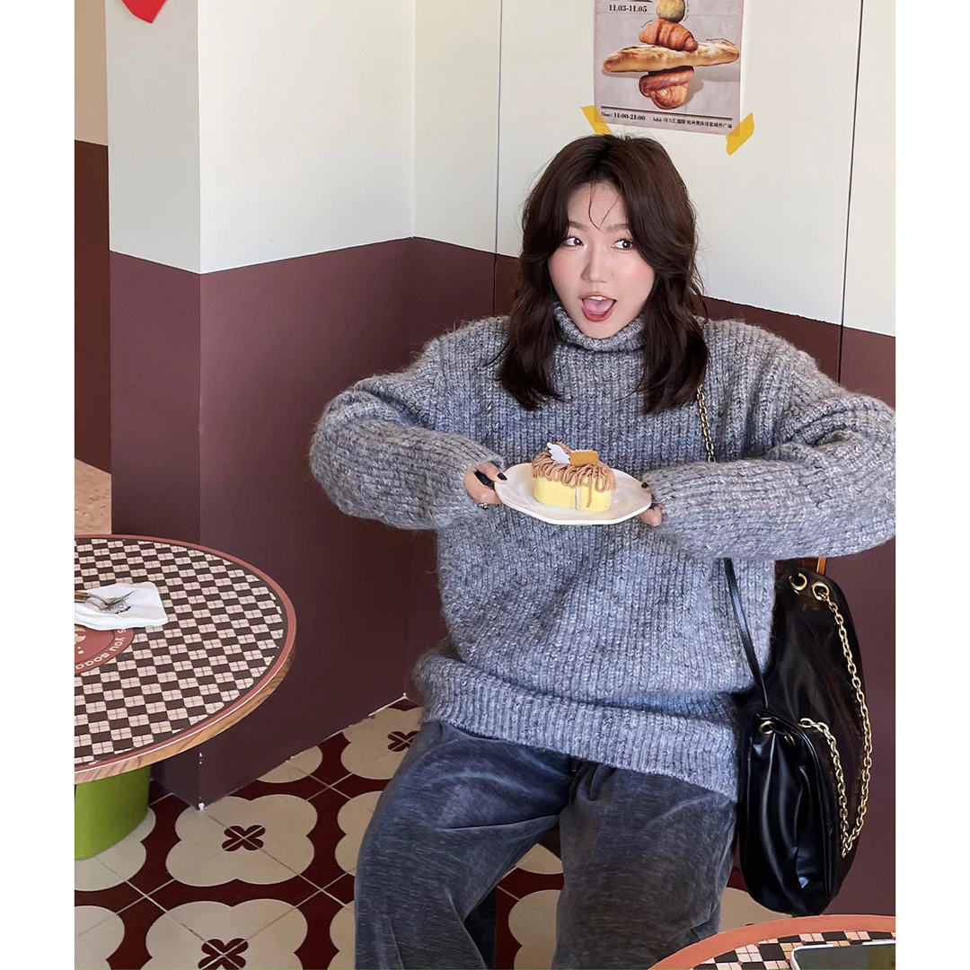 晶咕白标~慵懒收藏家~夹花泡芙马海毛高领宽松高领毛衣针织衫女冬