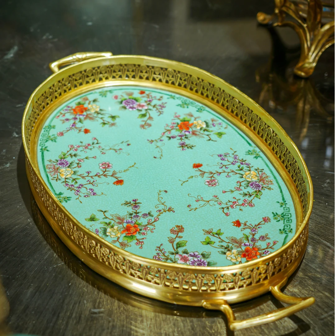 卡斯特兰花之恋美式欧式陶瓷配铜托盘手绘餐桌茶几会客区桌面果盘