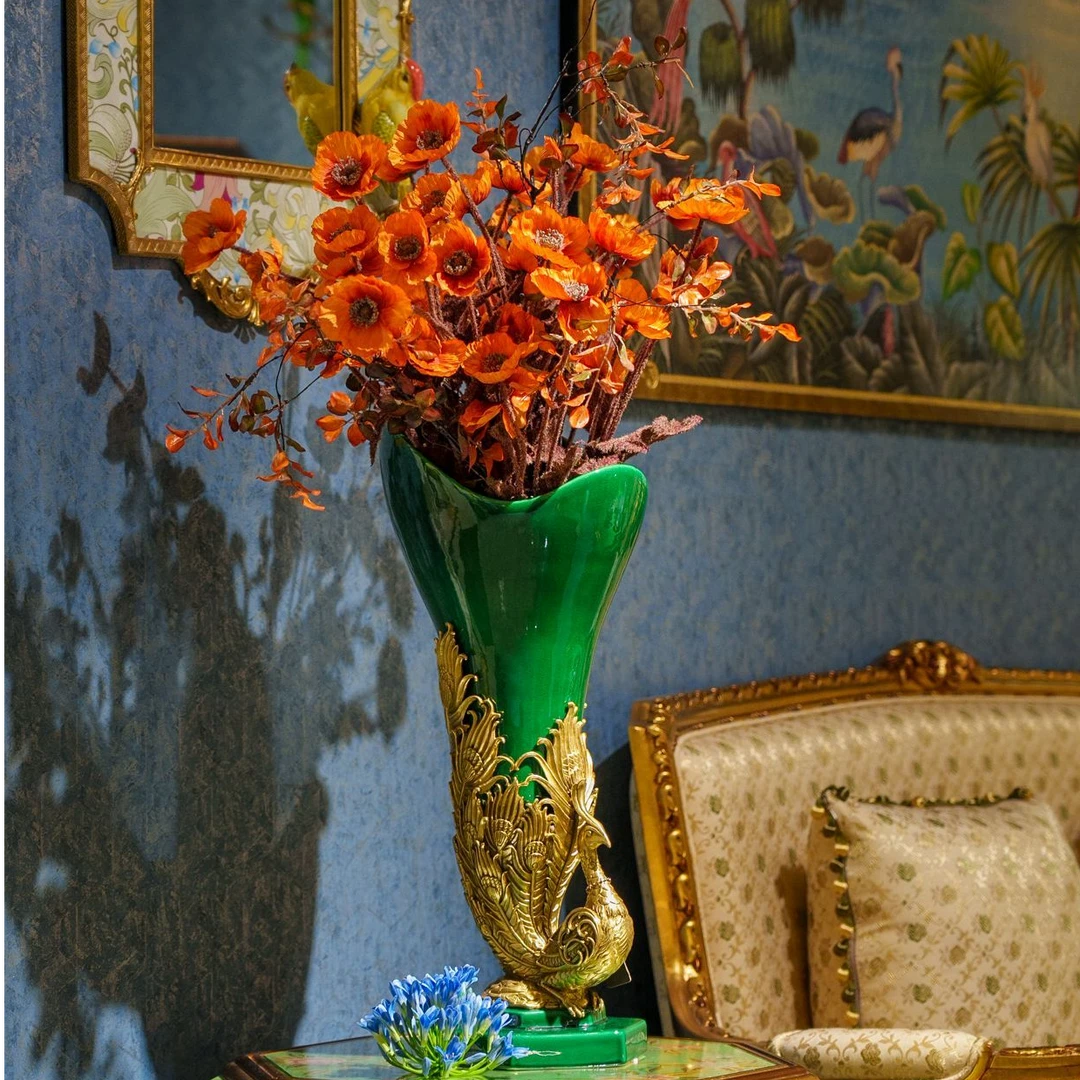 TY-卡斯特兰祖母绿孔雀玄关客厅花铜配瓷器装饰摆件C5565