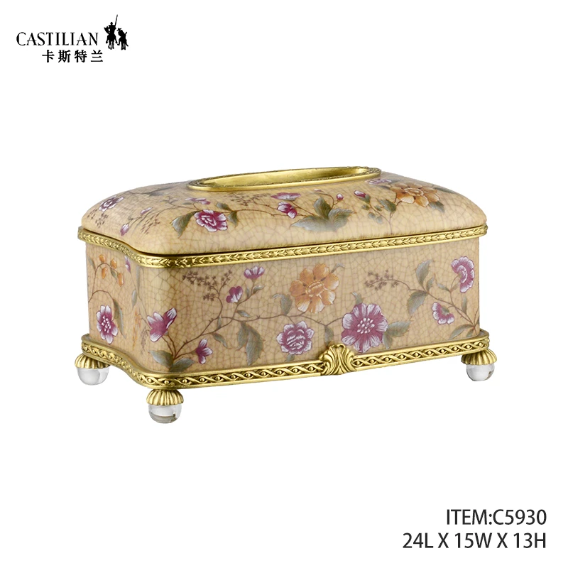 castilian/卡斯特兰手绘花卉铜配陶瓷家用餐桌茶几陶瓷纸巾盒摆件