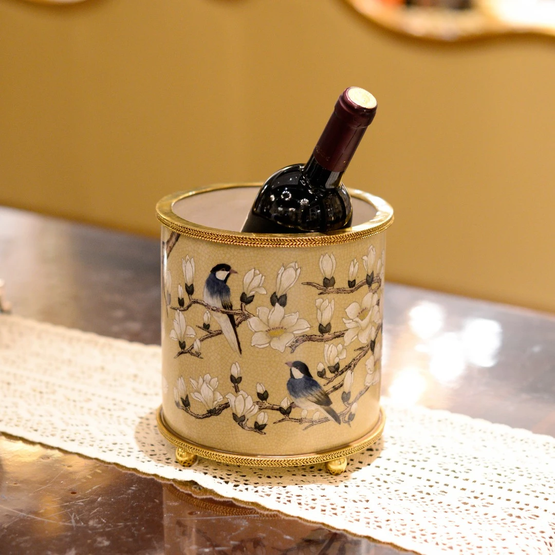 卡斯特兰玉兰花开系列铜配高温陶瓷欧美法中式酒柜复古圆形冰桶