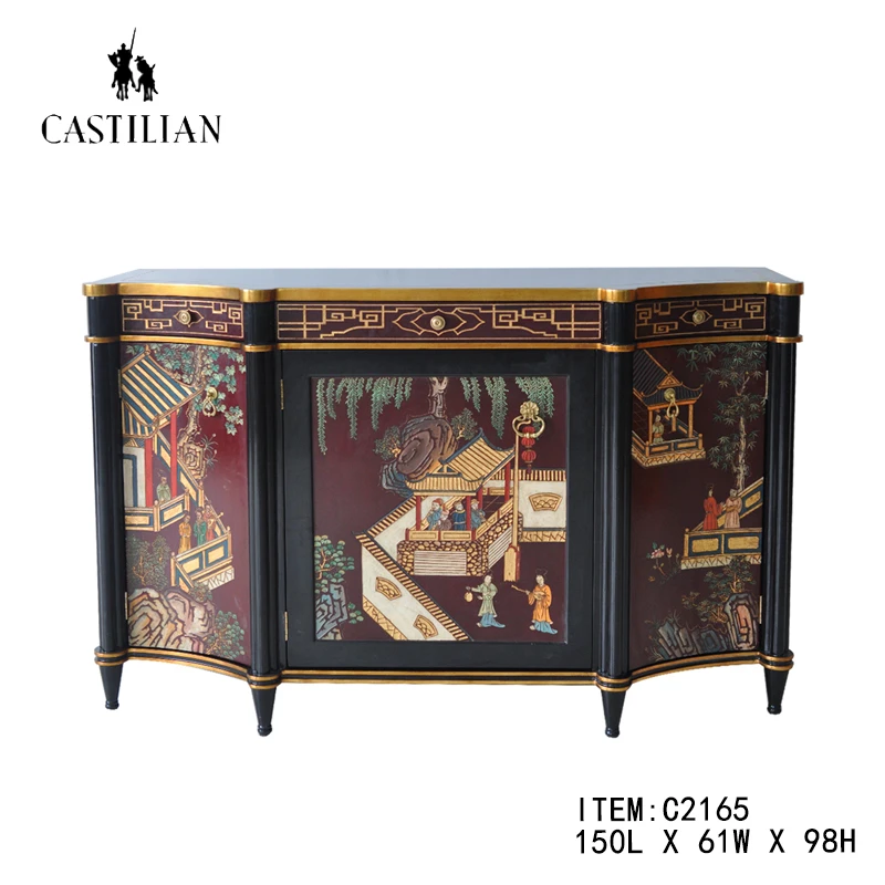 卡斯特兰欧美法式复古手绘重工实木别墅门厅客厅餐边柜玄关柜