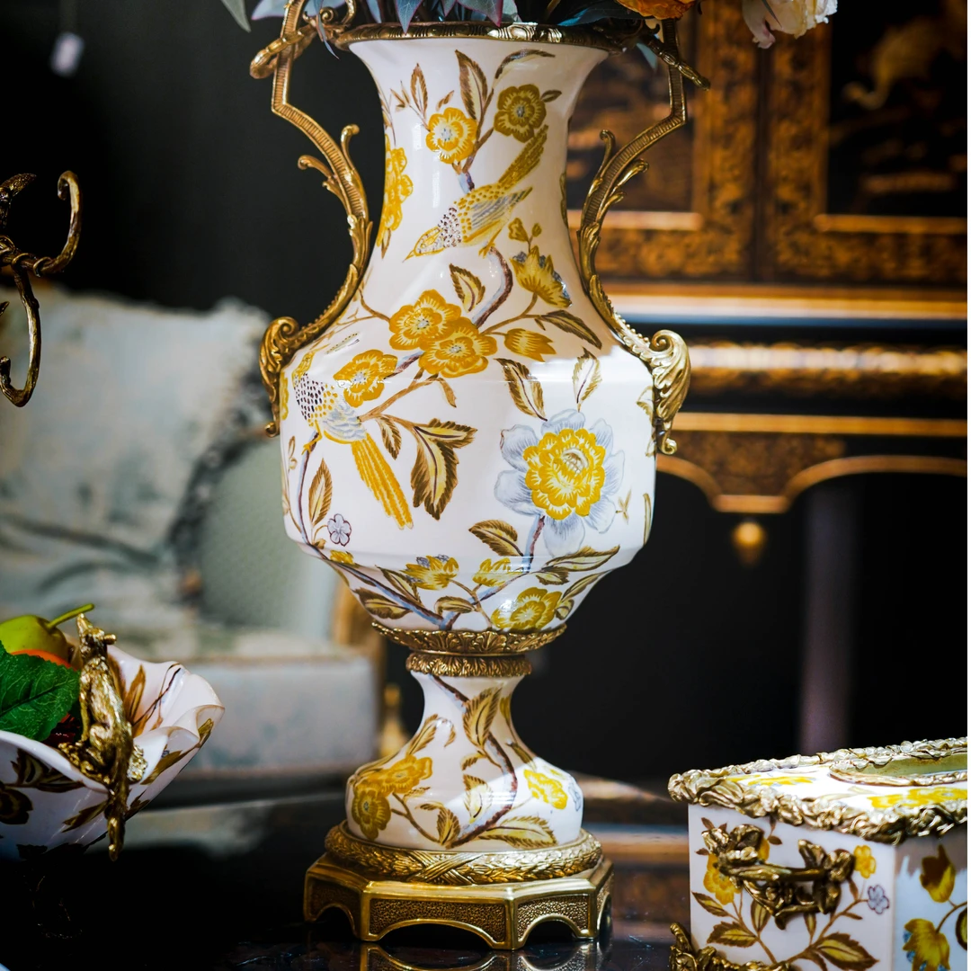 castilian/卡斯特兰秋语美式陶瓷配铜手绘花器餐桌花瓶桌面摆件