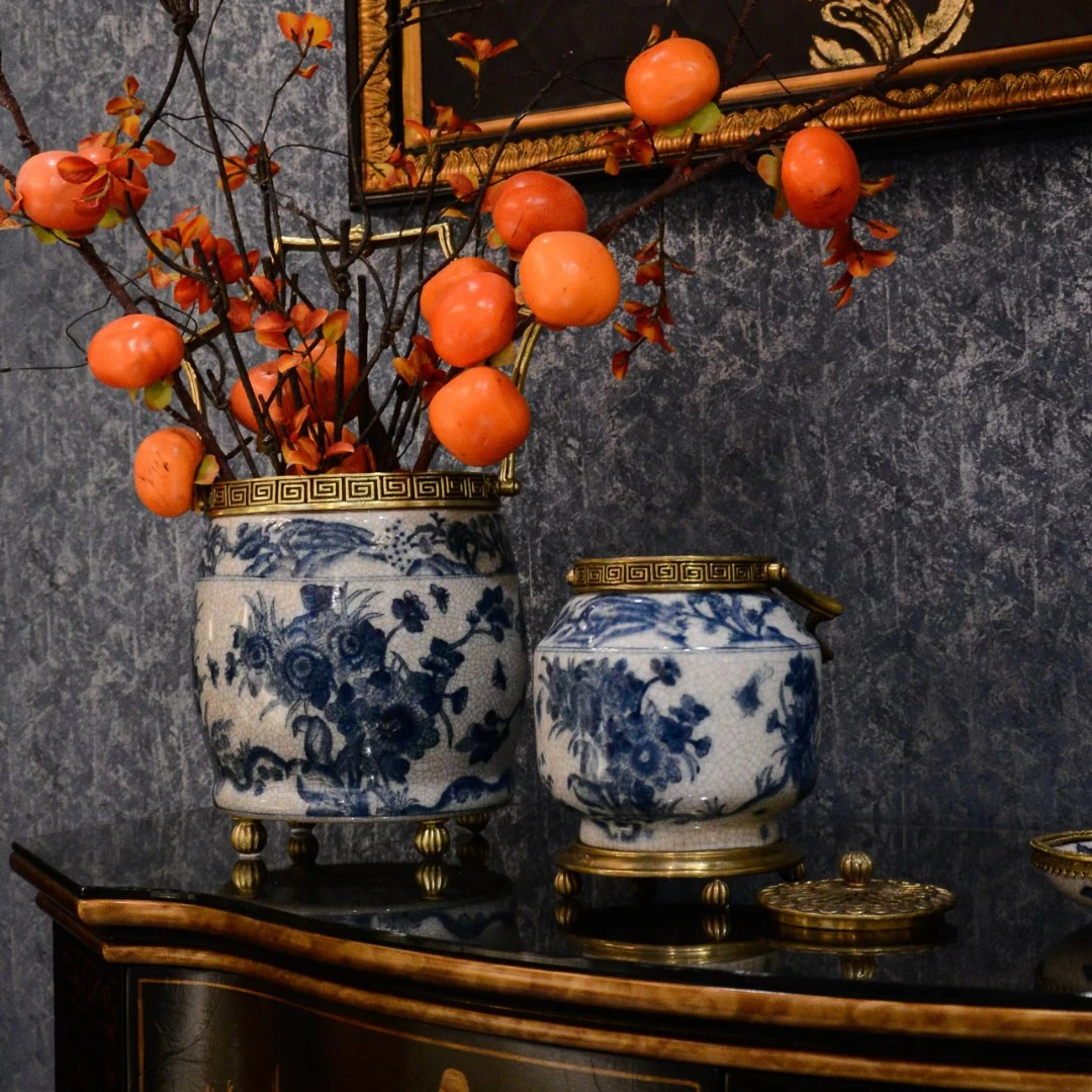 卡斯特兰福星高照系列中式法式风格铜配高温陶瓷提壶罐青花储物罐