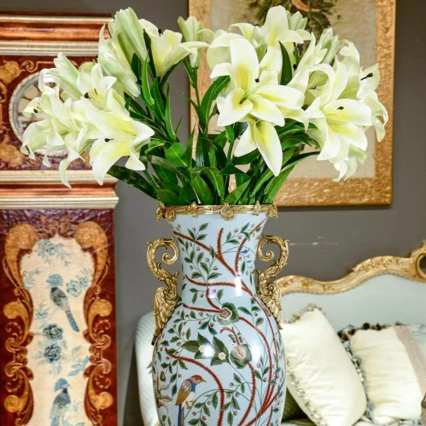 卡斯特兰法式奢华铜配陶瓷花瓶欧式广口装饰花瓶桌面落地大型花器