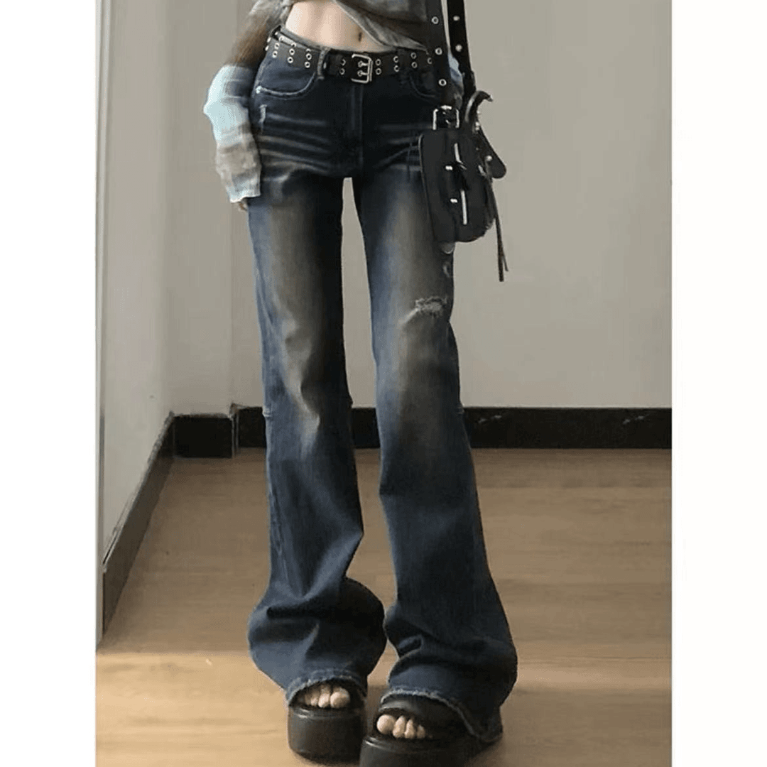 [胖鹅张] 破洞水洗做旧微喇裤 #3337[实物以直播间展示为准]