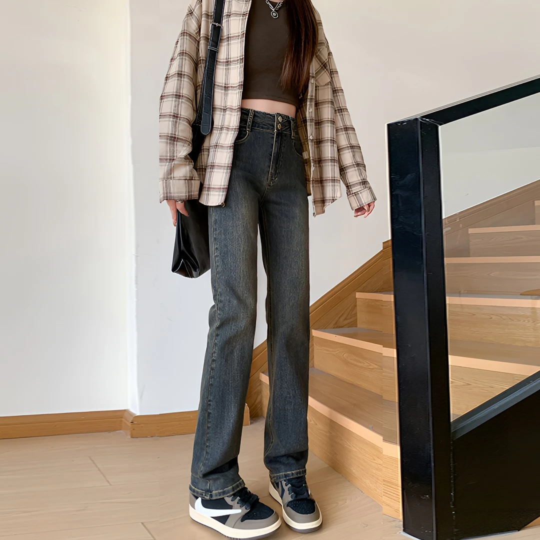 2024年爆款女士牛仔裤水泥灰窄版直筒烟管裤弹力高腰遮肉显瘦九分