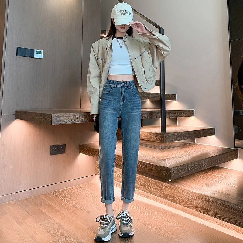 哈伦牛仔裤女春秋2023年新款高腰宽松直筒弹力萝卜老爹裤子女秋冬