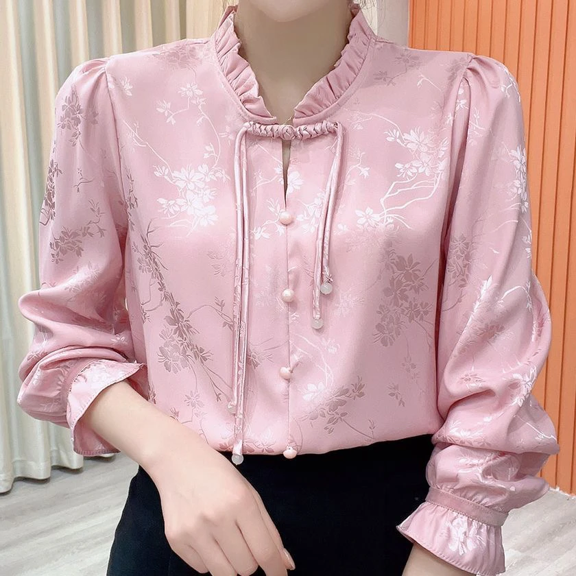 女装气质中国风缎面衬衫2024春季新款宽松遮肉显瘦上衣