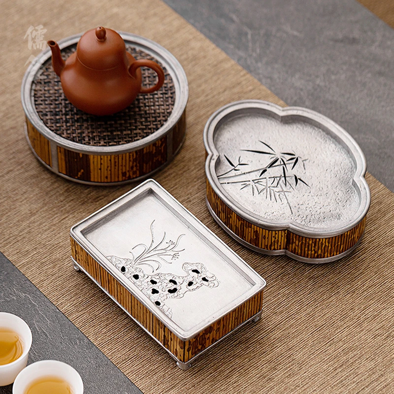湘妃竹壶承复古纯锡干泡台可蓄水锡制茶盘茶壶托杯垫建水网红茶器
