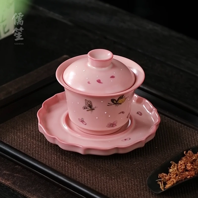 儒笙纯手工手绘蝶恋花猪油冻盖碗陶瓷三才盖碗中式高档功夫茶具
