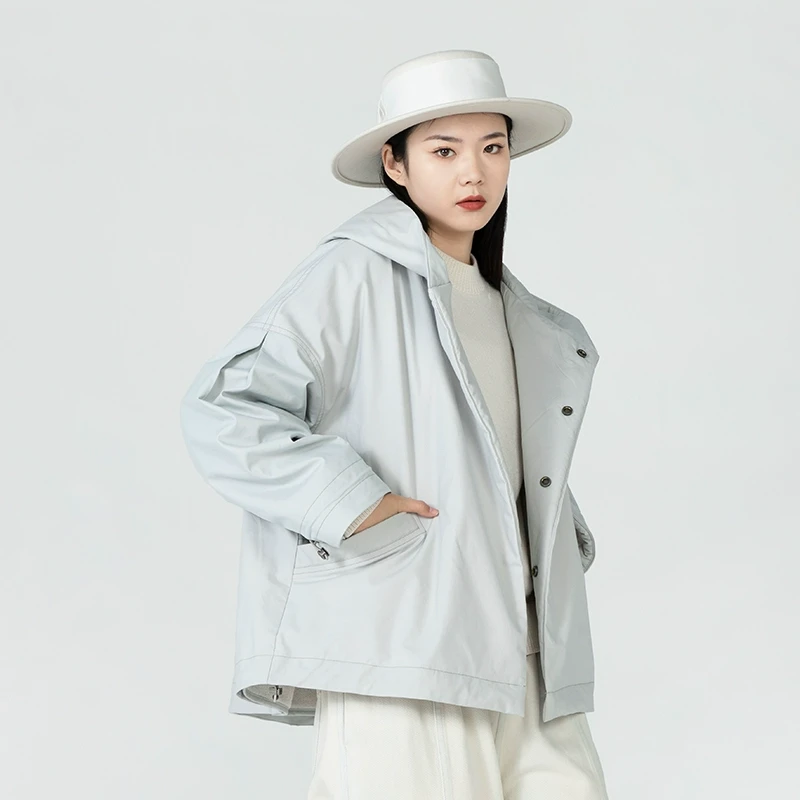 竹林石屋2023年新款503241107通勤纯色长袖连帽单排扣短款棉服女