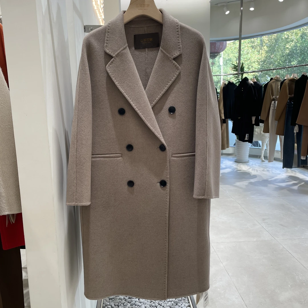 山羊世家时尚双排扣毛呢大衣女中长款经典复古风外套