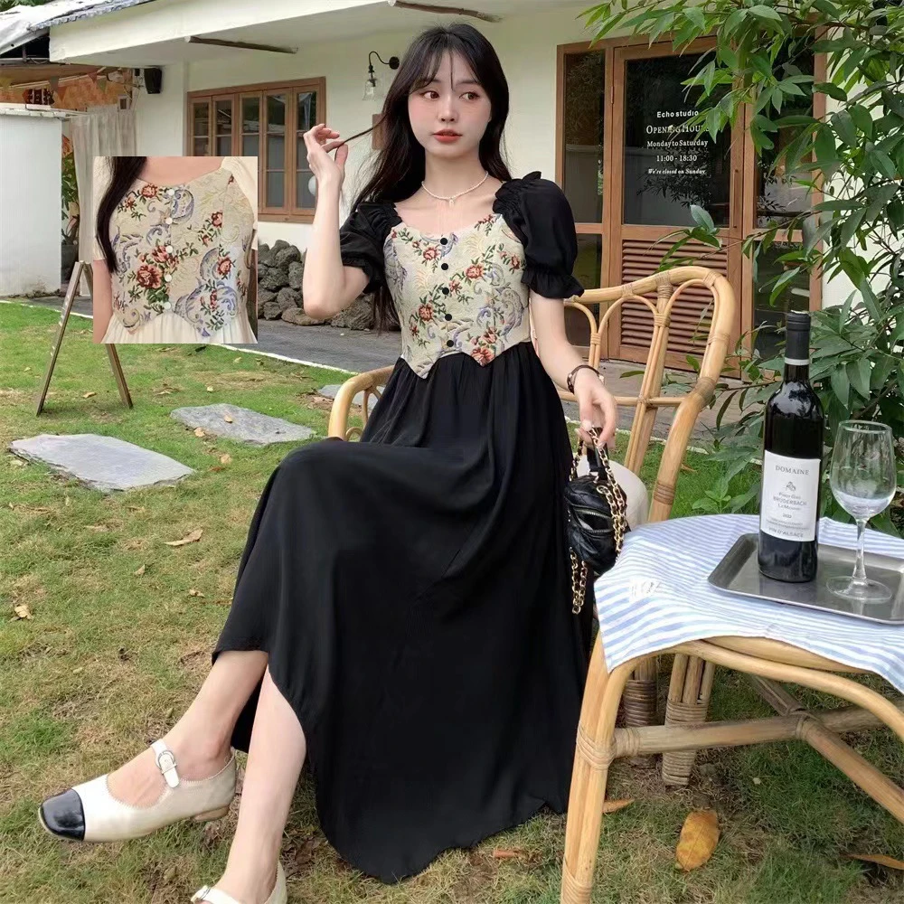 HXH法式复古宫廷风方领连衣裙女夏收腰复古显瘦拼接温柔仙女裙