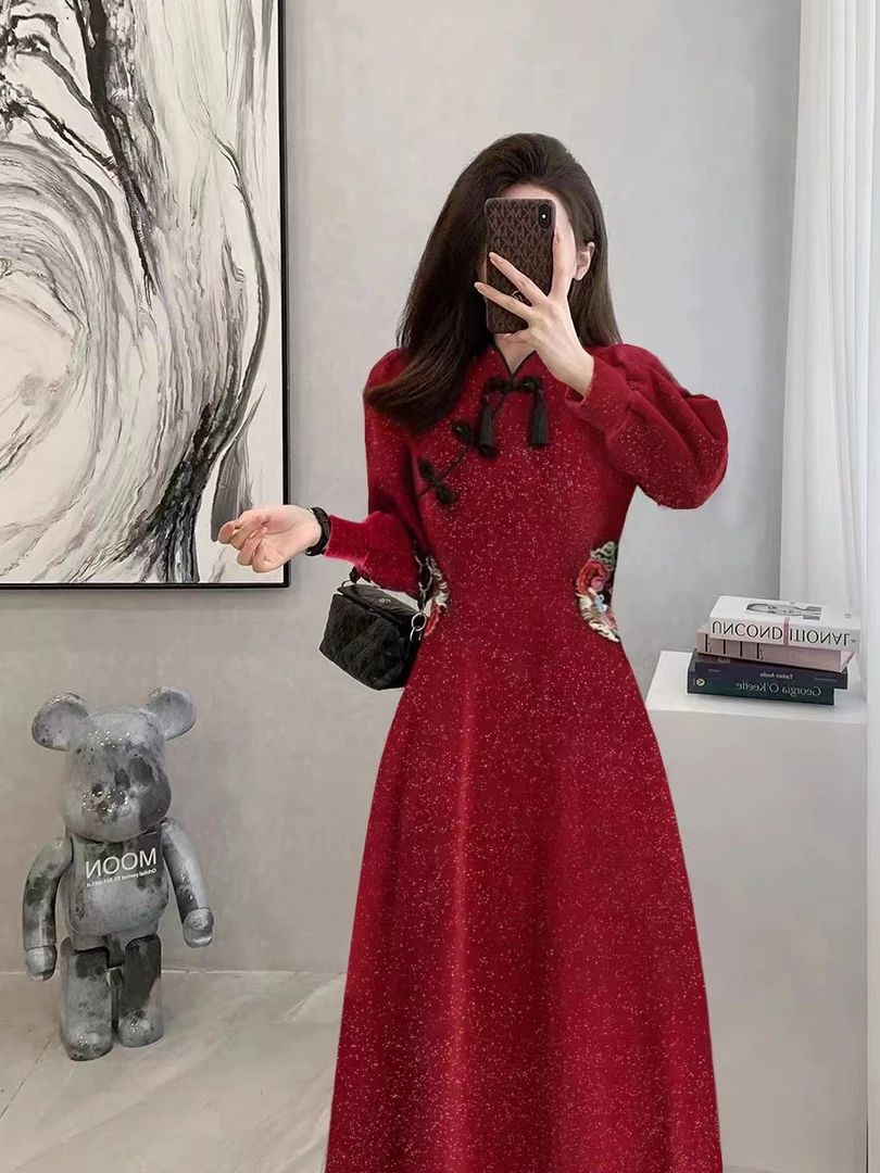 6981春秋新款小个子连衣裙秋冬新款小香风红色加厚裙子长裙短裙