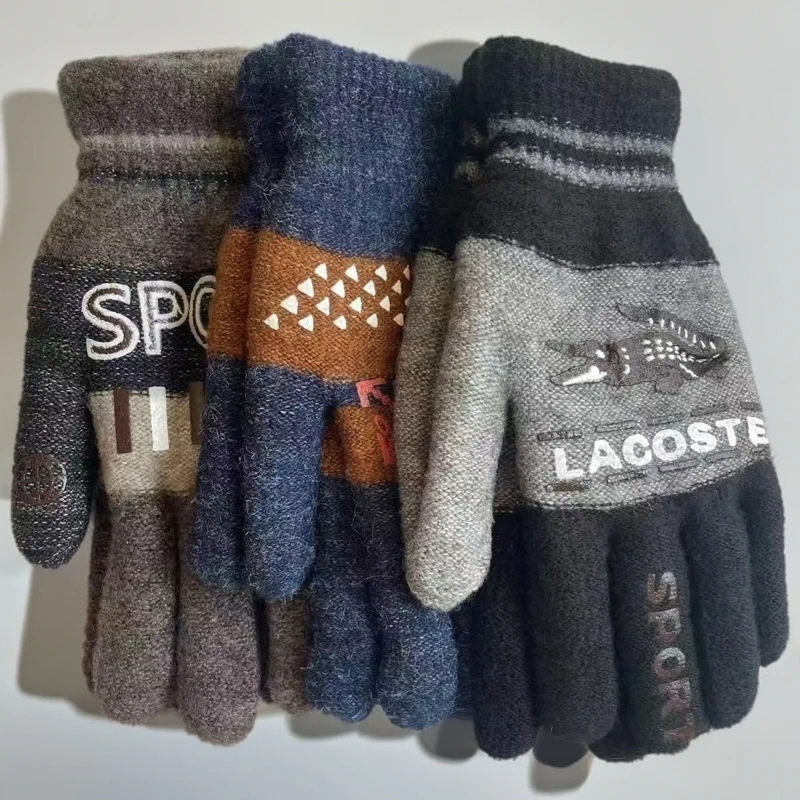 冬季男款马海毛胶印双层手套保暖户外骑行加绒加厚分指打字全指